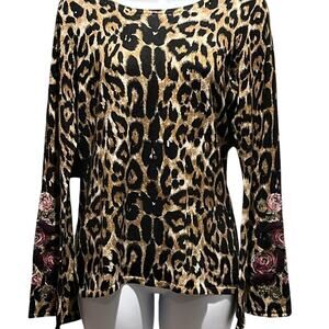INC Animal Print Embroidered Bell‑Sleeve Top – Boho Statement Blouse – Women’s M